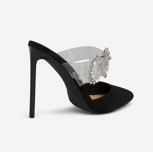 #NWT-SIZE 10 BLACK FAUX SUEDE POINTED TOE CLEAR STRAP STILETTO HEEL - Picture 7 of 8